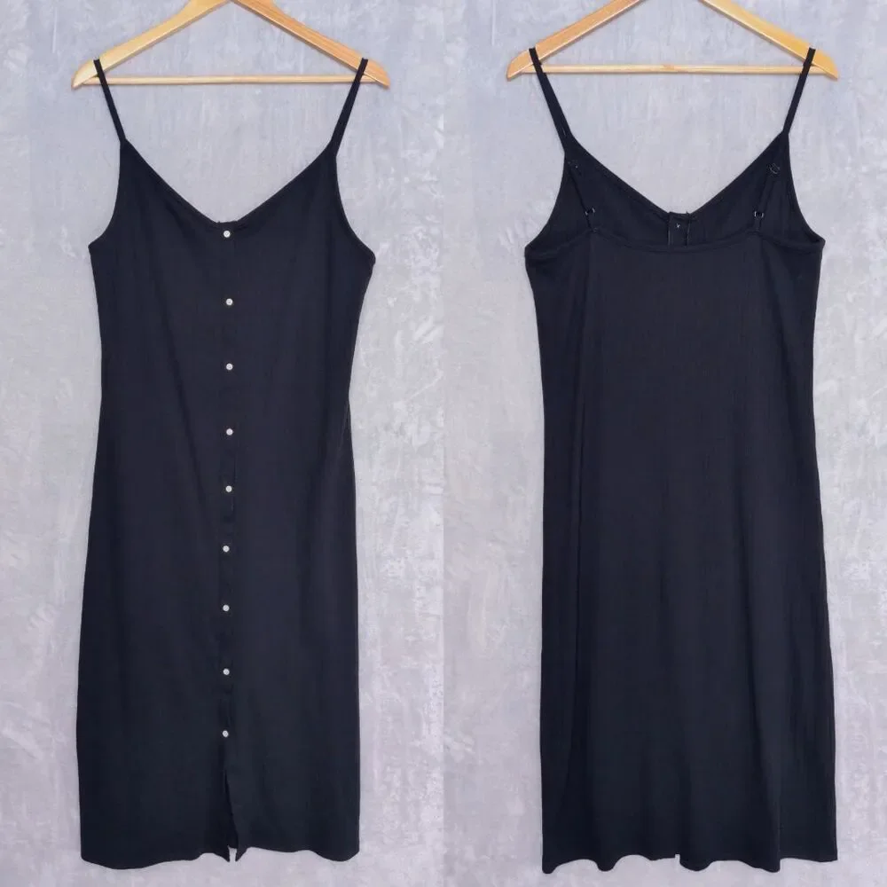 AERIE Black Ribbed Button Front Tank Dress Size XL Cotton Blend Midi Cami